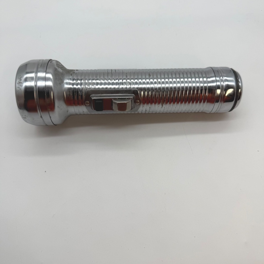 Vintage flashlight Chrome Ribbed Metal MCM made in USA Industrial Retro WORkS